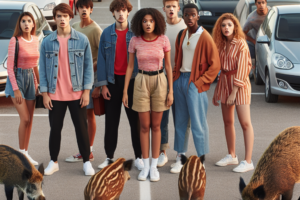 Des jeunes rencontrent des sangliers en plein parking